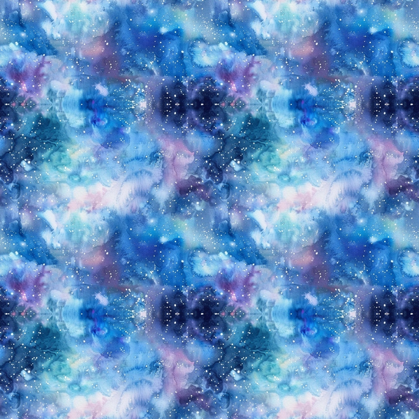 Abstract watercolor pattern with blue, purple, and pink hues, featuring white speckles resembling stars across the image.