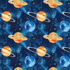 Pattern of illustrated planets with rings and stars on a dark blue textured background.