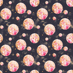 Pattern of watercolor-style pink and orange moons and golden stars on a dark background.