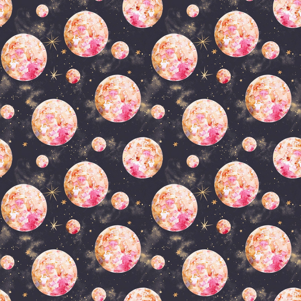 Pattern of watercolor-style pink and orange moons and golden stars on a dark background.