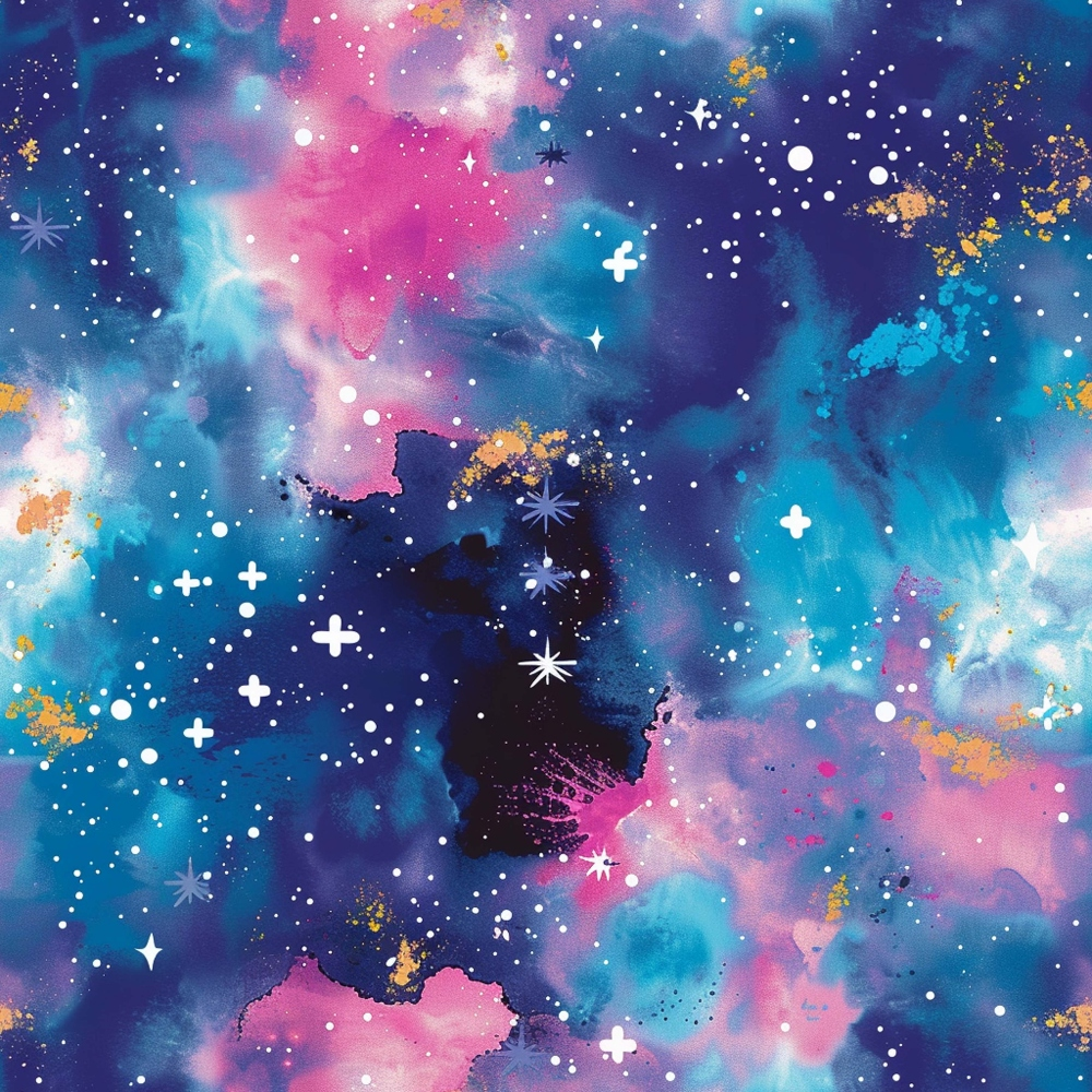 Abstract cosmic-themed artwork with splashes of pink, blue, and purple, dotted with white stars and plus signs, resembling a colorful nebula.