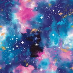 Abstract cosmic-themed artwork with splashes of pink, blue, and purple, dotted with white stars and plus signs, resembling a colorful nebula.