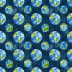Illustrated pattern of Earths with various continents, set against a dark, starry background. Each globe is depicted from a slightly different angle.