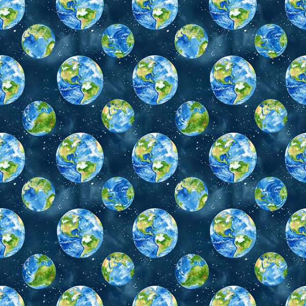 Illustrated pattern of Earths with various continents, set against a dark, starry background. Each globe is depicted from a slightly different angle.