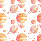 Pattern of watercolor planets with rings and various textures in orange and pink hues on a white background.