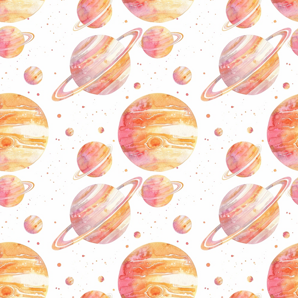 Pattern of watercolor planets with rings and various textures in orange and pink hues on a white background.