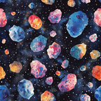Colorful watercolor asteroids float against a dark starry background, creating a cosmic and artistic scene.