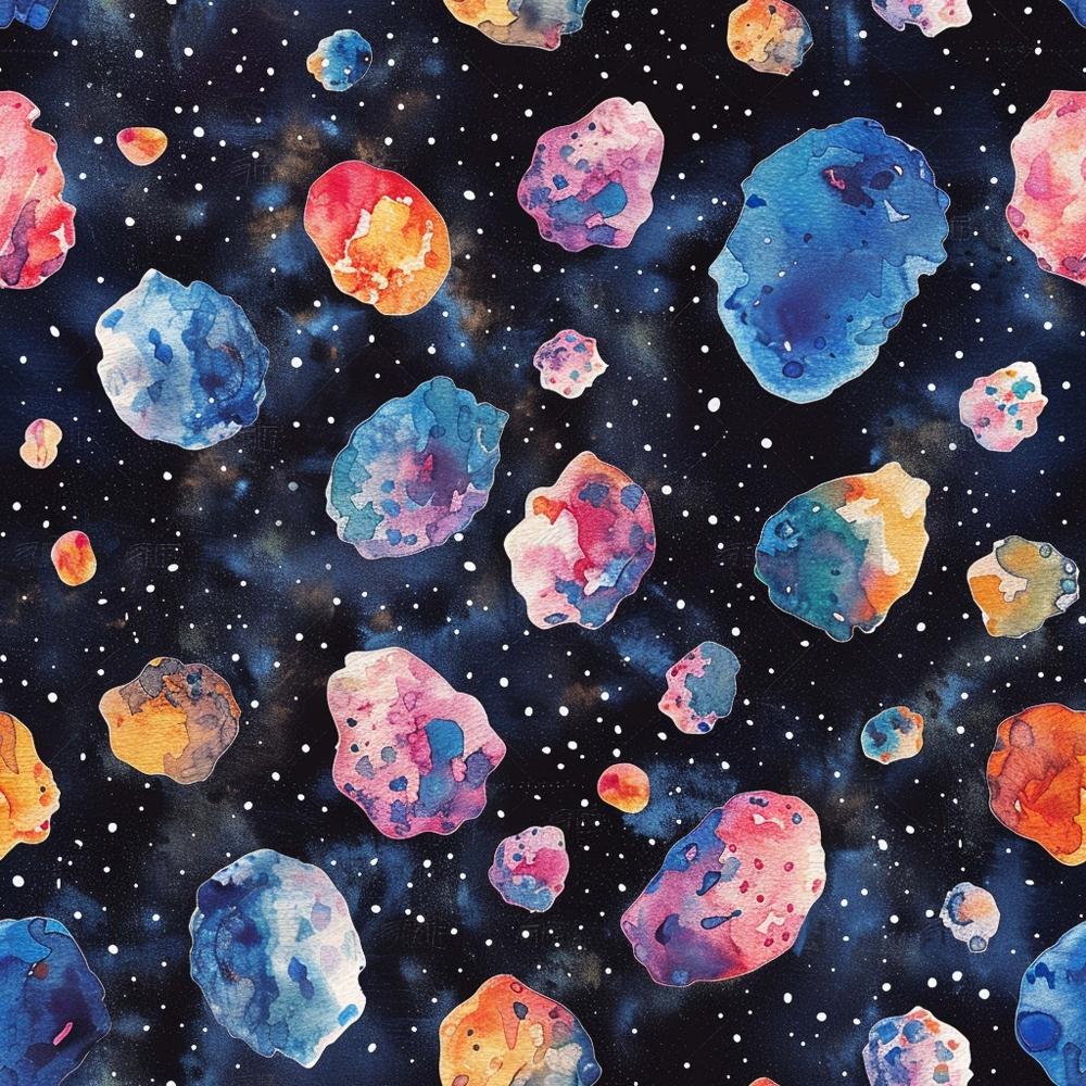 Colorful watercolor asteroids float against a dark starry background, creating a cosmic and artistic scene.