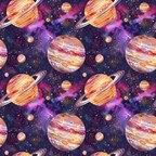 Pattern of colorful planets and stars against a purple and pink galaxy background.