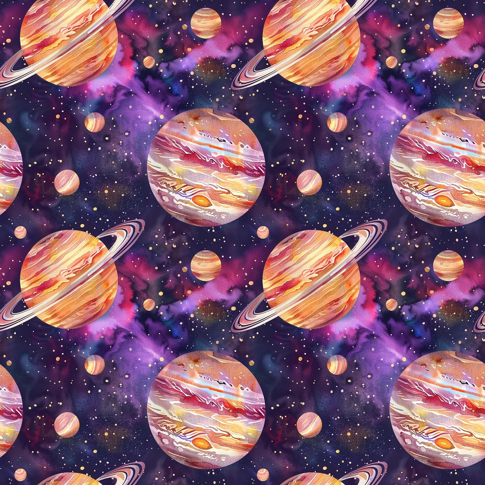 Pattern of colorful planets and stars against a purple and pink galaxy background.