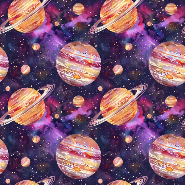 Pattern of colorful planets and stars against a purple and pink galaxy background.
