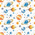 Colorful illustrated pattern of various planets, stars, and comets against a white background.
