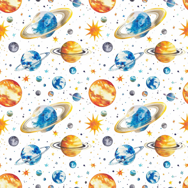 Colorful illustrated pattern of various planets, stars, and comets against a white background.
