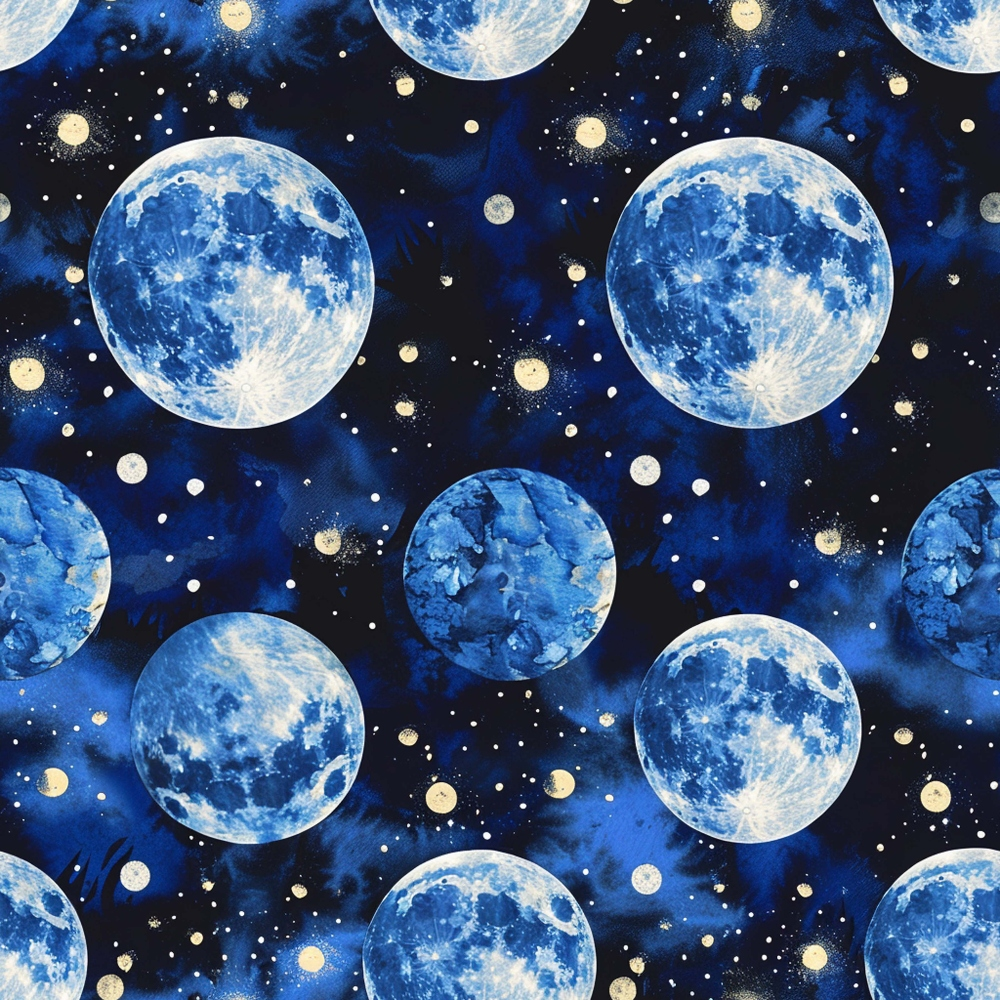 Pattern of blue full moons and small stars on a dark background.
