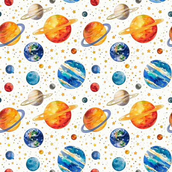 Pattern of watercolor planets, including Earth and Saturn, with stars and asteroids on a white background.
