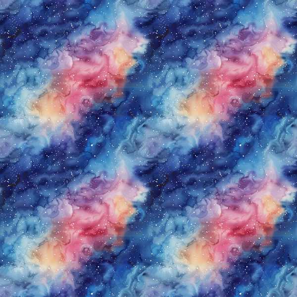 Colorful nebula pattern with swirls of blue, pink, and orange, dotted with small white stars.