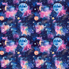 Colorful space-themed pattern with planets, stars, and nebulae on a dark background featuring shades of blue, pink, and purple.
