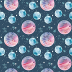 Pattern of watercolor planets and stars on a dark blue background.