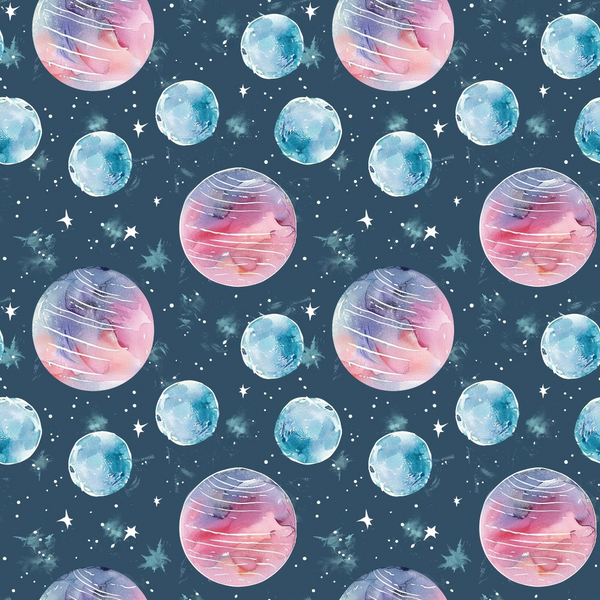 Pattern of watercolor planets and stars on a dark blue background.