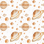 Pattern featuring watercolor-style planets with rings and moons on a white background.