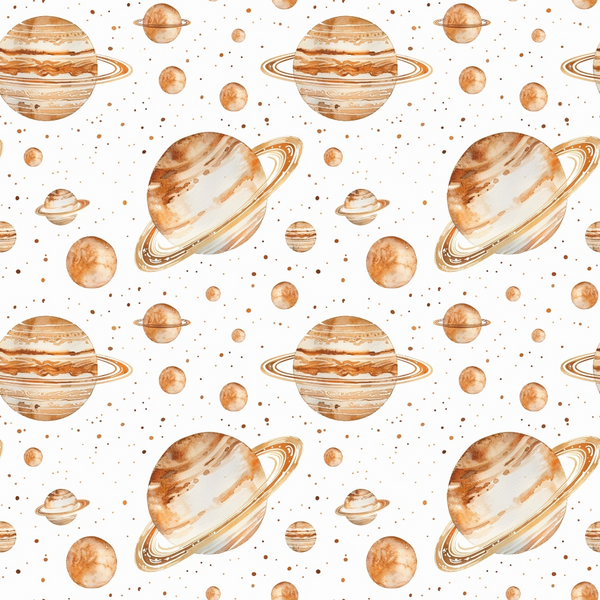 Pattern featuring watercolor-style planets with rings and moons on a white background.