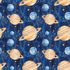 Pattern of illustrated planets with rings and stars on a dark blue background.