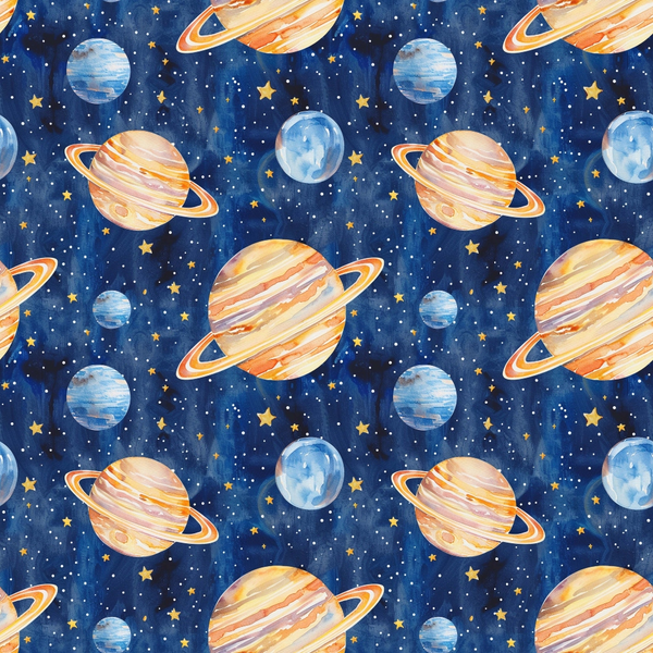 Pattern of illustrated planets with rings and stars on a dark blue background.