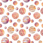 Pattern of watercolor planets with various textures and colors on a white background.