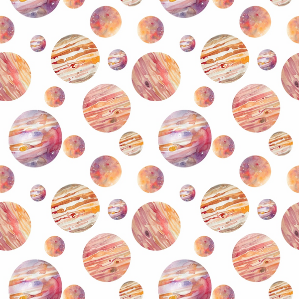 Pattern of watercolor planets with various textures and colors on a white background.
