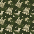 Seamless military pattern with helmets, vests, backpacks, boots, grenades, and rifles on a dark green background.