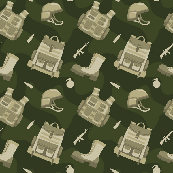 Seamless military pattern with helmets, vests, backpacks, boots, grenades, and rifles on a dark green background.