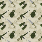 Pattern of military items including grenades, rifles, binoculars, knives, bullets, and canteens on a beige background.