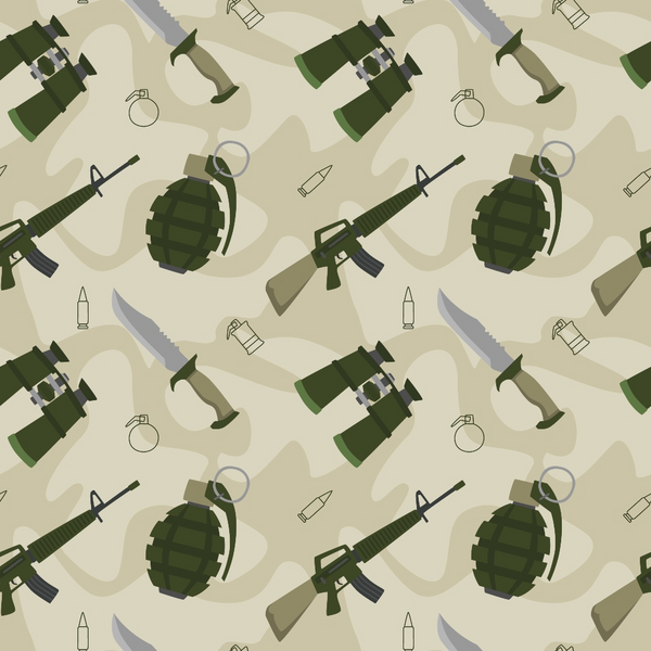 Pattern of military items including grenades, rifles, binoculars, knives, bullets, and canteens on a beige background.