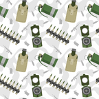 Military-themed pattern featuring compasses, canteens, grenades, ammunition belts, and rifles on a light background.