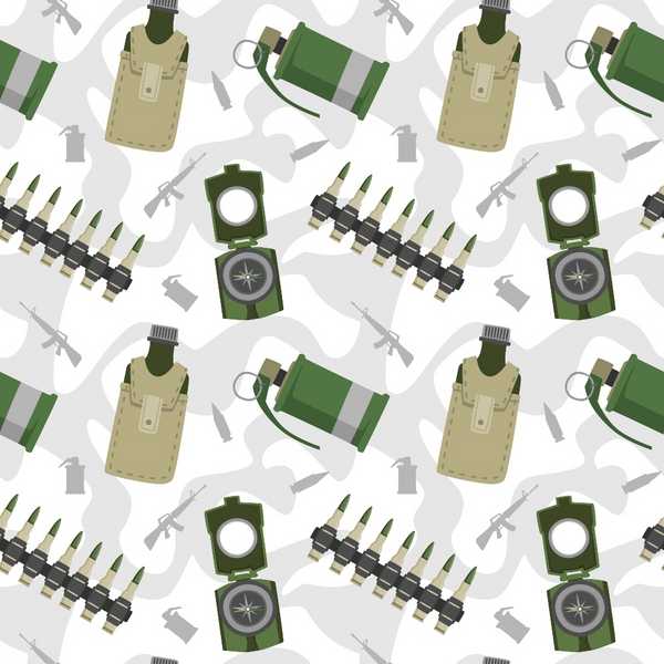 Military-themed pattern featuring compasses, canteens, grenades, ammunition belts, and rifles on a light background.