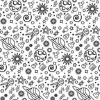 Seamless pattern with space-themed icons, including planets, stars, rockets, and various celestial symbols on a white background.