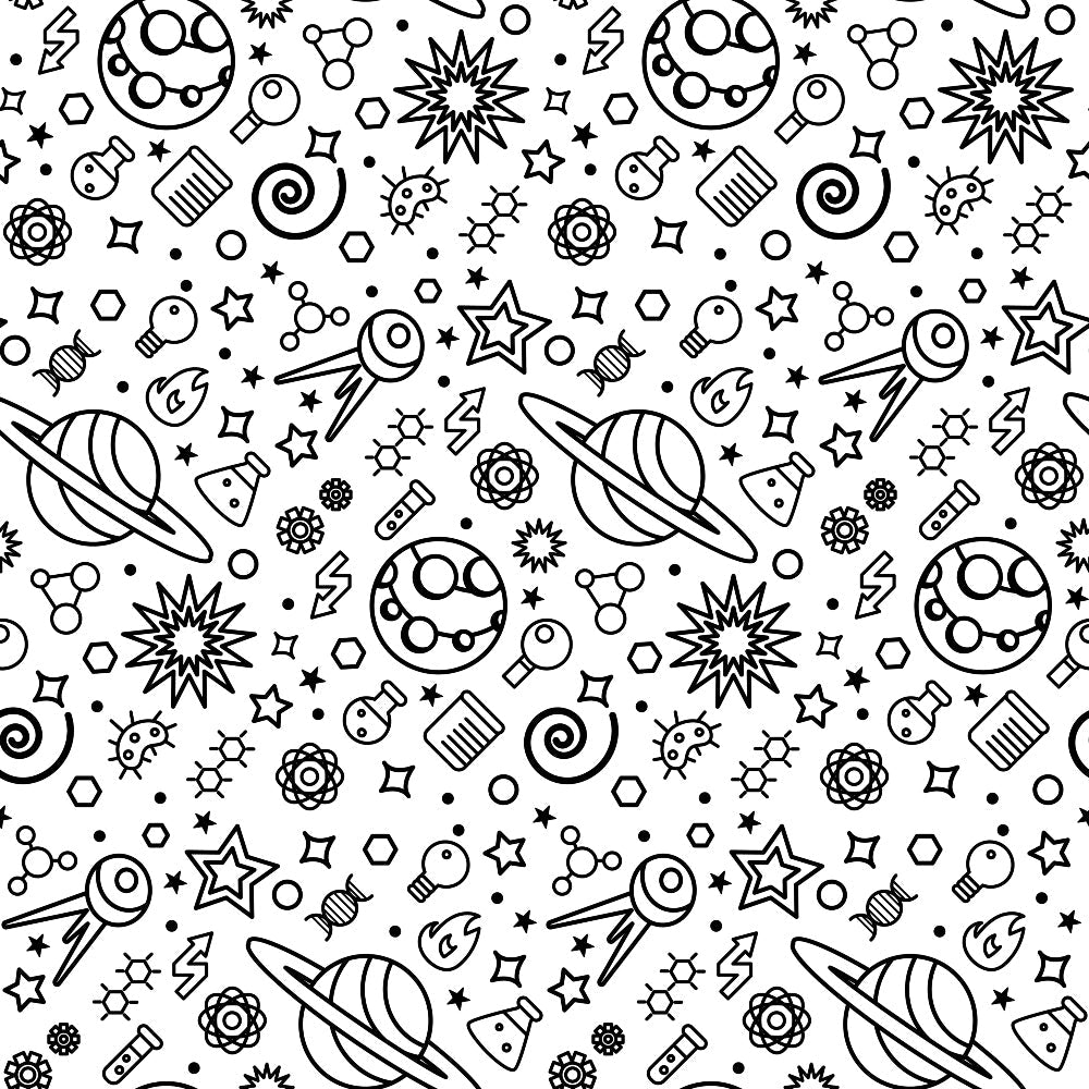 Seamless pattern with space-themed icons, including planets, stars, rockets, and various celestial symbols on a white background.