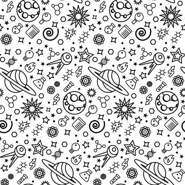 Seamless pattern with space-themed icons, including planets, stars, rockets, and various celestial symbols on a white background.