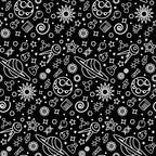 Black and white seamless pattern with space elements like planets, rockets, stars, and telescopes.
