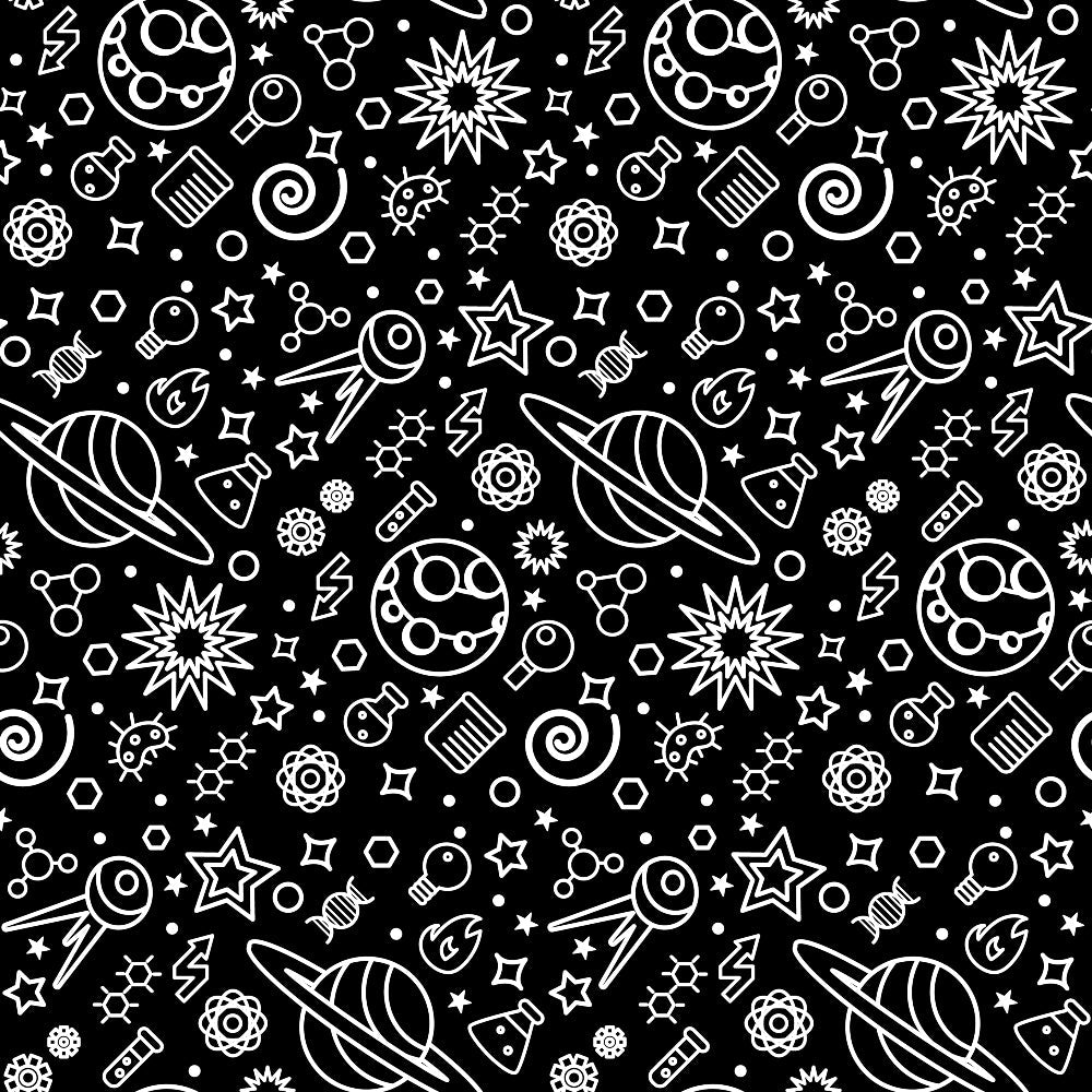 Black and white seamless pattern with space elements like planets, rockets, stars, and telescopes.