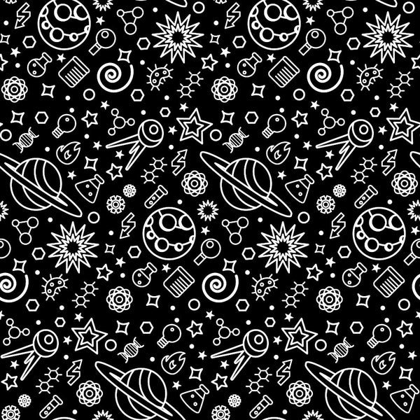 Black and white seamless pattern with space elements like planets, rockets, stars, and telescopes.