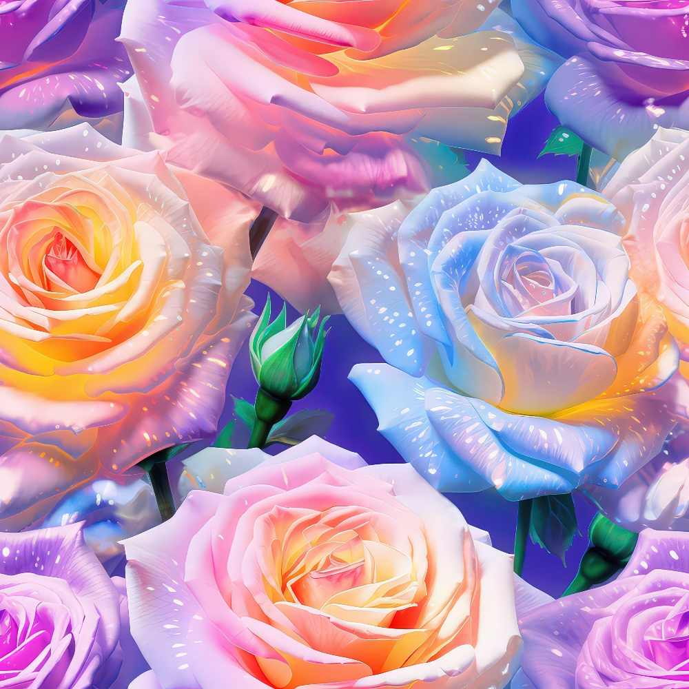 Colorful roses with vibrant gradients of pink, blue, yellow, and purple petals, set against a blurred multicolored background.