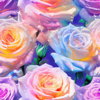 Colorful roses with vibrant gradients of pink, blue, yellow, and purple petals, set against a blurred multicolored background.