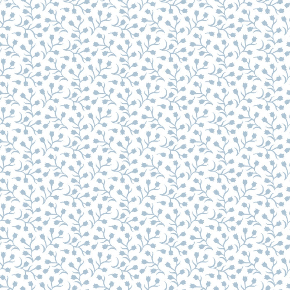 powder blue, white background, ditsy floral, small flowers, delicate branches, botanical pattern,, fabric panel, soft blue, tiny blooms, scattered florals, feminine design, cottage core, vintage inspired, gentle pattern, light blue, repeating motif, crafting fabric, sewing material, floral sprigs