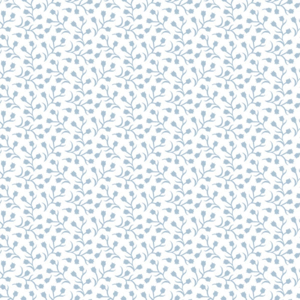 powder blue, white background, ditsy floral, small flowers, delicate branches, botanical pattern,, fabric panel, soft blue, tiny blooms, scattered florals, feminine design, cottage core, vintage inspired, gentle pattern, light blue, repeating motif, crafting fabric, sewing material, floral sprigs