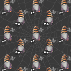 Pattern of gnomes in orange hats and bats on a spiderweb background.
