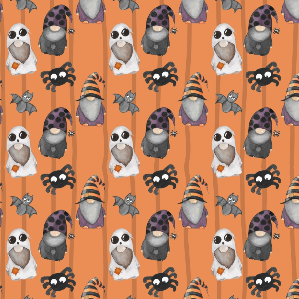 Pattern featuring penguins in ghost costumes, penguins in witch hats, bats, and spiders on an orange background.