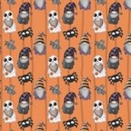 Pattern featuring penguins in ghost costumes, penguins in witch hats, bats, and spiders on an orange background.