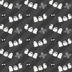 Pattern of cartoon ghosts, bats, and black cats on a dark striped background.