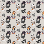 Pattern of penguins in Halloween costumes, featuring ghost outfits and hats, with bats and spiders on a light gray background.